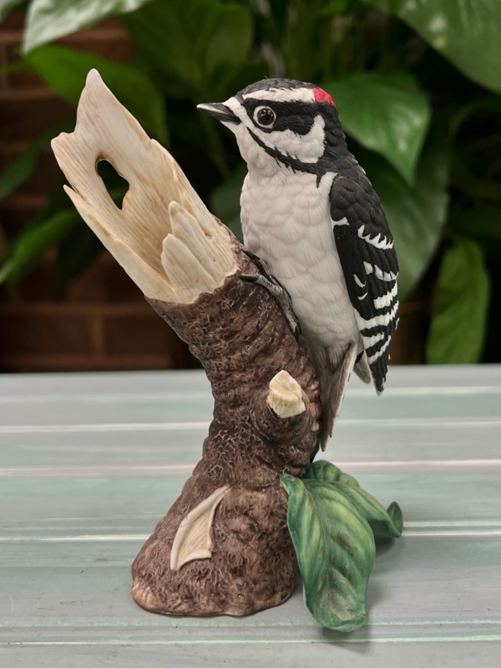 Lenox Black, White & Red Downy Woodpecker Perch Figurine